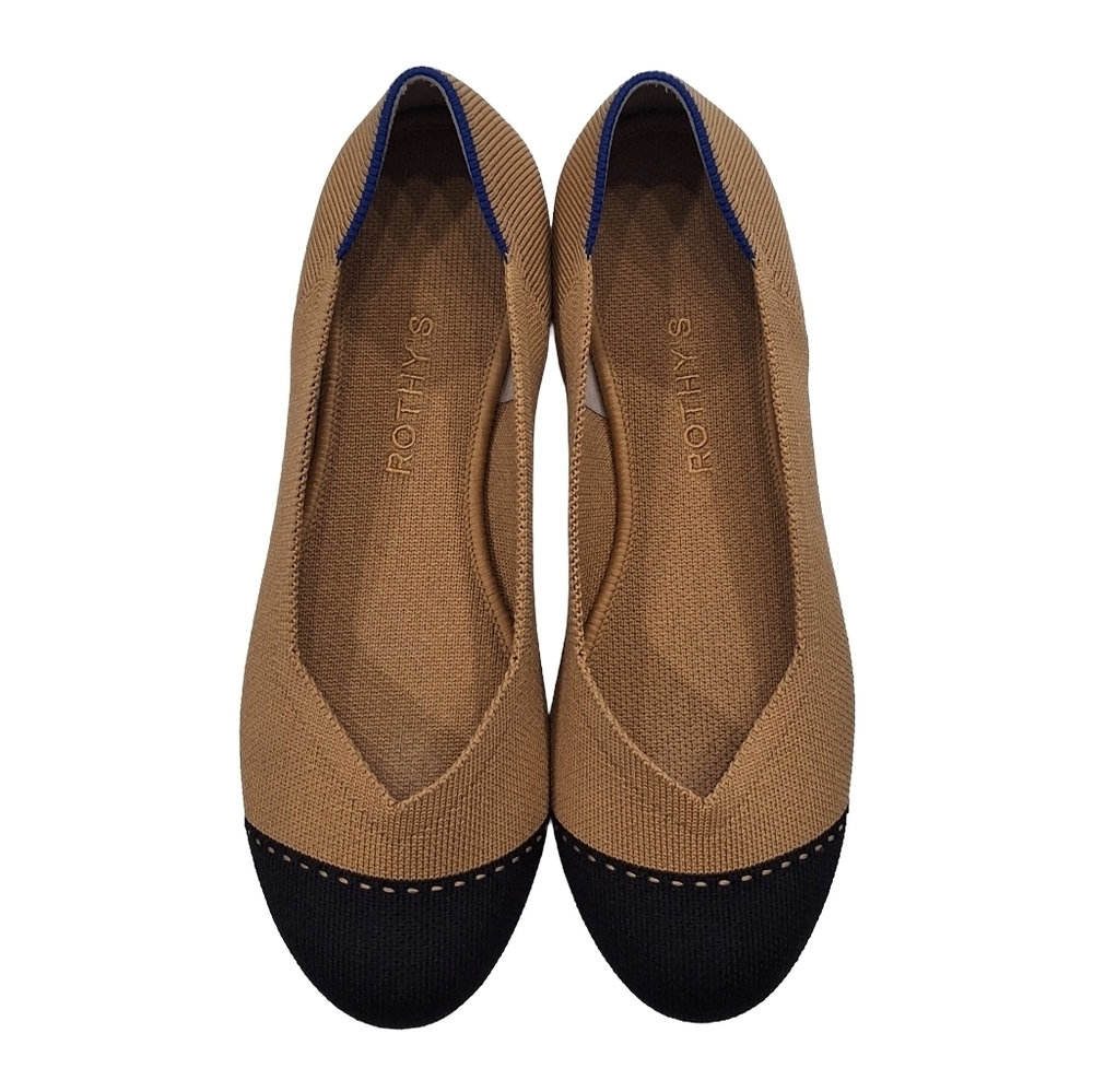 Rothys~Womens Round Camel Cap Toe Ballet Flats~Black Tan Slip On Shoes~Size 8.5